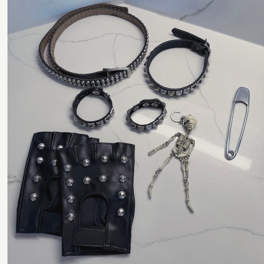 Rocker Accessories - Gloves, Studded Belt, Studded Chockers Keychain Pin